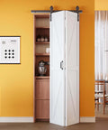 Bifold Barn Door With Preassembled Panels And Sliding Hardware Kit Set installed in kitchen over pantry, 40x84 inch K shape, white finish
