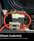 4 AWG Gold Plated Ring Terminal Set Screw Connectors attached to car battery, showing wiring setup for car audio.