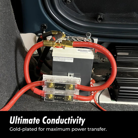 4 AWG Gold Plated Ring Terminal Set Screw Connectors attached to car battery, showing wiring setup for car audio.
