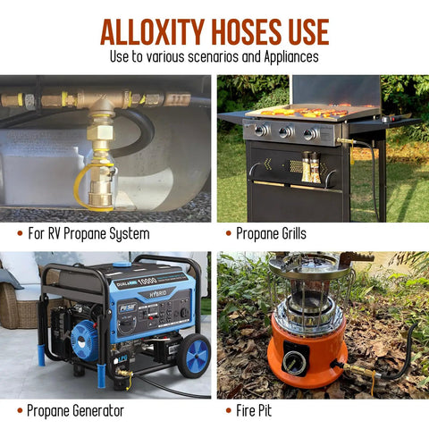 Alloxity hoses for RV propane systems, grills, generator, and fire pit.