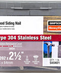 Top Shelf 2.5 Inch 304 Stainless Steel Wood Siding Nails With Annular Ring Shank And Sharp Diamond Point in container.