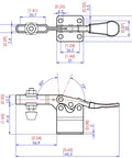 High Base Toggle Clamp 2-1/4 Inch Arm, 200-Lb Hold Capacity, 7/8 Inch Max Thickness Under Foot, Quick Clamp Action for Jigs and Fixtures, Movable Bases, 1/4-20 Adjustable Rubber Tip technical drawing