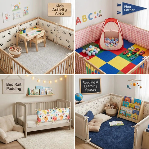 Built Tough Quilted Wall Padding Panels 4 Pack Thick Cushion Guards With Secure Tie Straps in a kids activity area.