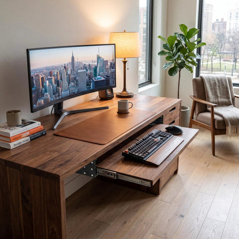 Level Up Your Workstation Game With This Sweet 2 Pack 14 Inch Keyboard Slide Drawer Rails Crafted From Heavy Cold Rolled Steel Providing Silky Smooth Ball Bearings For Effortless Height Tweaks And Ridiculous Comfort In Classic Black, displayed on a modern desk.