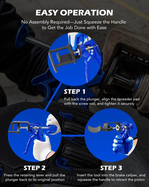 Instructions for using the Dual Piston Brake Caliper Compressor Tool For Fast Pad Replacement Pro Grade Gear Heavy Duty Disc Brake Piston Tool For Most Cars And Trucks Easy Caliper Retraction For DIY Auto Maintenance showing a step-by-step guide with images of the tool in action.