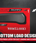 Close-up of Heavy Duty Reverse Squeeze Stapler With Pushfire Leverage, Bottom Load Design, red composite body, pinch latch
