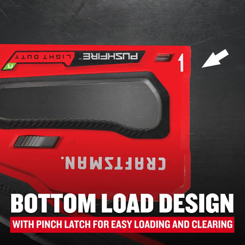Close-up of Heavy Duty Reverse Squeeze Stapler With Pushfire Leverage, Bottom Load Design, red composite body, pinch latch