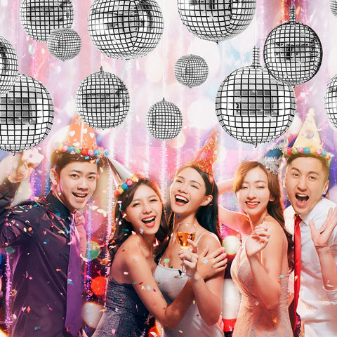 Party with Silver Disco Balloons Set Of 48 In Assorted Sizes 10 Inch 22 Inch 32 Inch Metallic Round Party Balloons for retro decor.