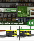 Beefed Up Storage Shelves With Adjustable Height, 3840 Lbs Capacity, showing narrow and wide shelf adjustments for DIY use