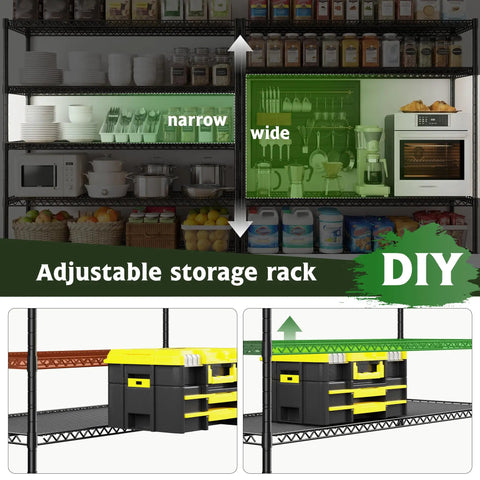 Beefed Up Storage Shelves With Adjustable Height, 3840 Lbs Capacity, showing narrow and wide shelf adjustments for DIY use