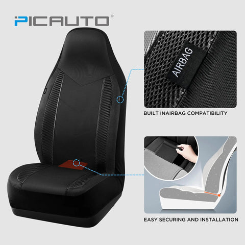 Sporty Carbon Fiber Look Front Seat Covers With Mesh Panels, airbag compatible design, durable polyester, universal fit, black.
