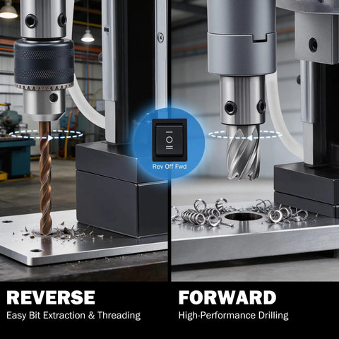 Zelcan 1550W Magnetic Drill Press With 2 Inch Boring Dia And 11 Core Bits control switch for forward and reverse drilling.
