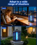 Indoor Outdoor Bug Zapper With Auto Smart Light Sensor 4000V Electric Mosquito Trap Covers 2100 Sq Ft IPX4 Waterproof Lamp for patio use shown indoors on desk and outdoors in garden.