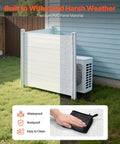 Outdoor Vinyl Privacy Fence Panels 50 Inches Wide By 50 Inches High Two Panel Set For Hiding Trash Cans AC Units And Pool Equipment Wind Resistant Backyard Enclosure That Keeps Your Space Neat HOA Friendly shown shielding AC unit by house.