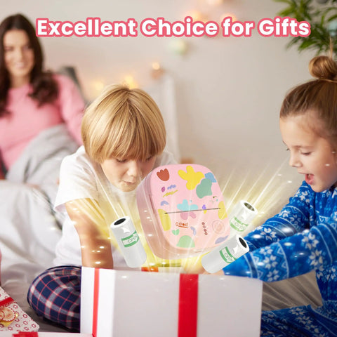 Children excitedly unboxing the Super Slick Mini Sticker Printer And Quick Photo Maker, Pocket Sized Portable Inkless Device.