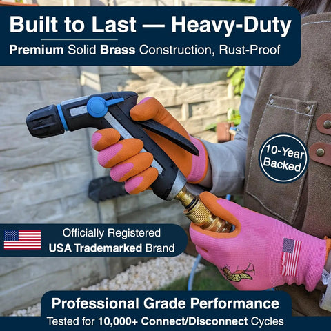 Person holding heavy duty brass garden hose quick connect fittings set with leak proof seal and spray nozzle.