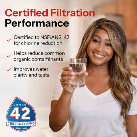 Smiling person holding a glass of water with text about NSF/ANSI 42 on Budget Friendly Replacement Refrigerator Water Filter For LG 5231JA2006A