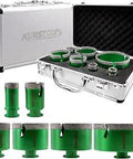 Tile Hole Saw Kit With Beefy Vacuum Brazed Diamond Core Bits And Finger Bit in case, various sizes shown