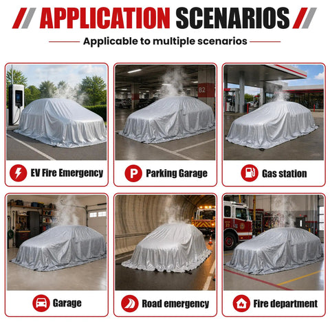 Heavy Duty Silicone Coated Fiberglass Vehicle Fire Blanket Badass Auto Protection Shield For Electric Cars And Trucks used in various emergency scenarios.