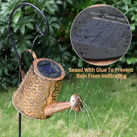 Solar Outdoor Garden Lantern Lights With 80 Color LED, waterproof bronze watering-can design with solar panel in rain