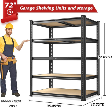 72.05 Inch Tall Heavy Duty Garage Shelving Unit Built Tough With 2300 Lb Capacity Steel Frame No Collapse Design Stable Shelves For Garage Basement Or Pantry Storage And Organization, 5-tier black steel rack