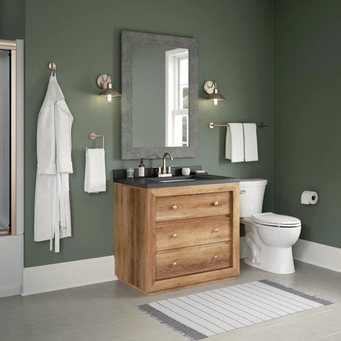 Bathroom with wooden vanity, towel on Brilliance Stainless towel hook, matching stainless fixtures, modern decor