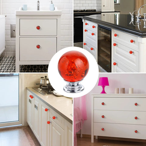 Ten Pack Of Slick Red Crystal Glass Bubble Cabinet Knobs Round Drawer Pulls And Dresser Handles For Kitchen Cupboards With Zero Hassle Mounting Hardware 30 mm Size displayed on various cabinets and drawers.