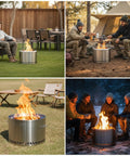 Smokeless Wood Burning Stove 19.5 Inch Stainless Steel Portable Outdoor Heater in various settings, ideal for camping and picnics