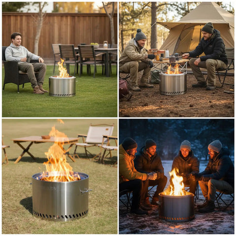 Smokeless Wood Burning Stove 19.5 Inch Stainless Steel Portable Outdoor Heater in various settings, ideal for camping and picnics