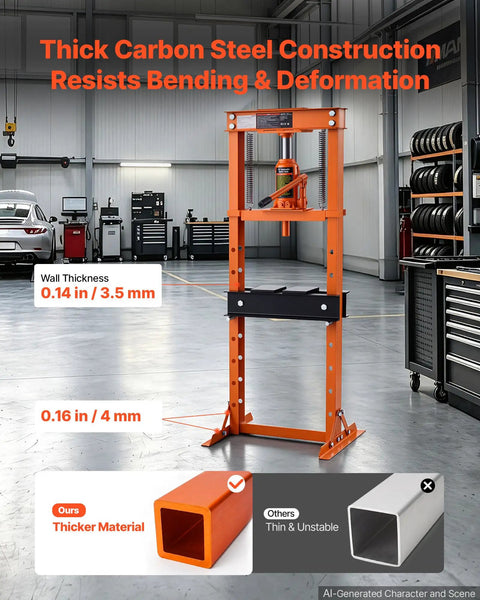 Thick Carbon Steel construction of Rock Solid 12 Ton H Frame Shop Press showing wall thickness for strength.