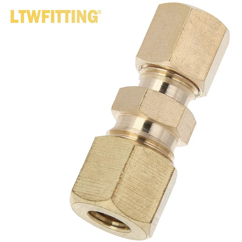 Brass Compression Reducing Union Kit 3/16 To 3/8 Inch OD, plumbing fitting close-up, brass material, for copper tubing use.