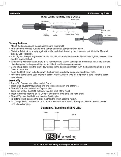 Instructional diagram from PSI Woodworking for Set Of 5 DuraClick EDC Ballpoint Pen Woodturning Kits With Hardware And Bushing Included.