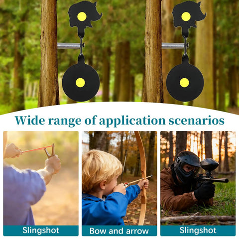 2 Pack Auto Reset Spinner Shooting Targets Built Tough From Heavy Duty Steel in outdoor setting with slingshot and bow use