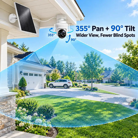 Slick Solar Powered Outdoor Wireless Security Camera Capturing Crisp 3MP HD Video with 355° Pan and 90° Tilt for Wide Detection.