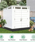 White outdoor shed with 7 X 4 ft waterproof oil absorbing carport pad, dog and person sitting nearby, highlighting non-slip backing.