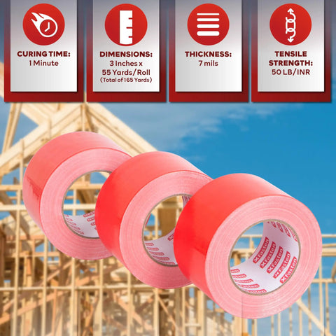 Three rolls of Heavy Duty Construction Seam Tape 3 Inch By 55 Yard Pack in front of building frame.