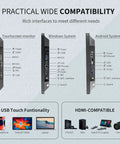 Image showing ports and compatibility features of Slick 27 Inch Android 11 Touchscreen Monitor, FHD 1080P Smart All In One PC.