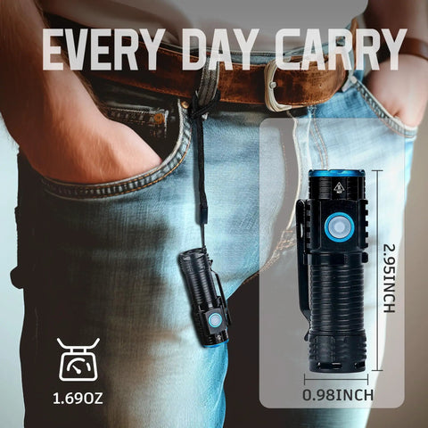 Ultra Bright 1500 Lumen EDC Flashlight clipped on jeans, showing size and pocket carry for camping, hiking, and emergencies.