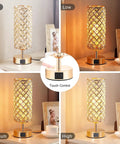 Touch Control Crystal Bedside Lamp With USB Ports, Dimmable 3 Way Gold Nightstand Light For Bedroom, Living Room Or Office, Bulb Included, Easy Tap To Dim Low Medium High, Cozy Lit Glow Modern Desk Lamp in different brightness settings.