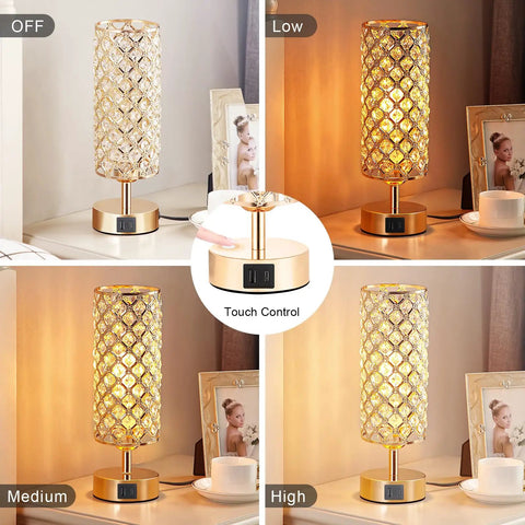 Touch Control Crystal Bedside Lamp With USB Ports, Dimmable 3 Way Gold Nightstand Light For Bedroom, Living Room Or Office, Bulb Included, Easy Tap To Dim Low Medium High, Cozy Lit Glow Modern Desk Lamp in different brightness settings.