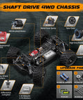 Diagram of One Eighteen Scale RC Monster Truck 18859 Four By Four Off Road Waterproof Electric Car with labeled chassis parts.