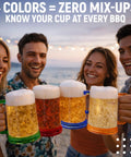 Group of four friends holding Grab This Pack Of Four 16 Oz Freezer Beer Mugs With Bright Color Coded Handles Shatter Resistant Acrylic.