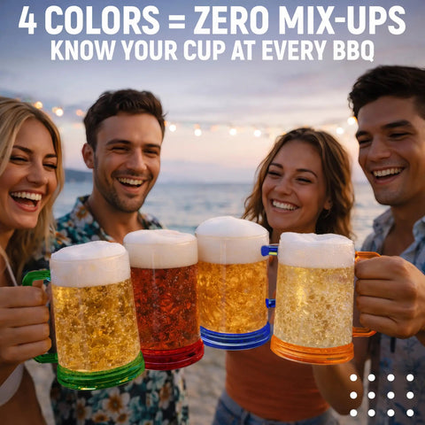 Group of four friends holding Grab This Pack Of Four 16 Oz Freezer Beer Mugs With Bright Color Coded Handles Shatter Resistant Acrylic.
