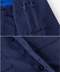 Close-up of Men's Lab Coat for Garage DIY Projects Long Sleeve Shop Coat Navy Blue XL button and pocket details