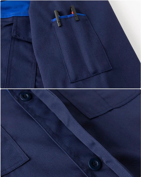 Close-up of Men's Lab Coat for Garage DIY Projects Long Sleeve Shop Coat Navy Blue XL button and pocket details