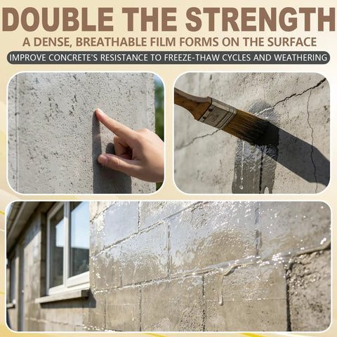 Water Based Concrete Cure And Sealant Liquid For New Slabs Driveways And Patios Heavy Duty Moisture Lock applied to a wall.
