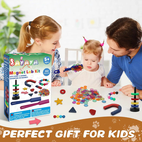 Family using 122 Piece Magnetic Science Kit For Kids With Colorful Chips, Magnetic Balls, Wands, Magnets, And Rings on table