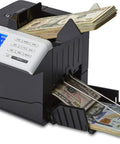 New 2024 Mixed Denomination Money Counter And Counterfeit Detector For Eight Currencies Reads Any Orientation Totals Value And Per Denomination Counts Fast And Accurate Cash Machine For Banks And Biz displaying currency on tray.