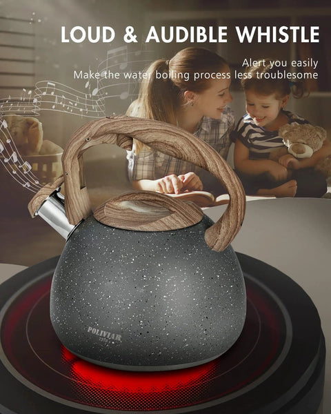 2.7 Quart Tea Kettle With Natural Stone Finish And Wood Pattern Handle, Loud Whistle, Food Grade Stainless Steel Teapot