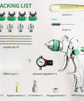 HVLP Spray Gun Kit Featuring Quick Swap 1 Point 4 To 2 Point 5 Millimeter Nozzles Delivers accessories and components for spray gun use.